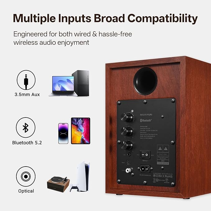 Sanyun SW205 4" 80W HiFi Bookshelf Speakers, 2.0 Active Near Field Studio Monitor, Upgraded 3D Sound Field, Flagship DAC & DSP, Geometric Diffusion Cabinet, Bluetooth 5.4/Optical/AUX, Woodgrain