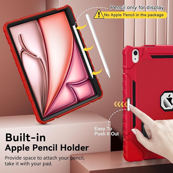 Grifobes Case for iPad Air 13-inch (M4/M3/M2) 2026/2025/2024, Heavy Duty Shockproof Rugged Protective Cover with Pencil Holder/Built-in Stand for i Pad Air 13" (Red+Black)