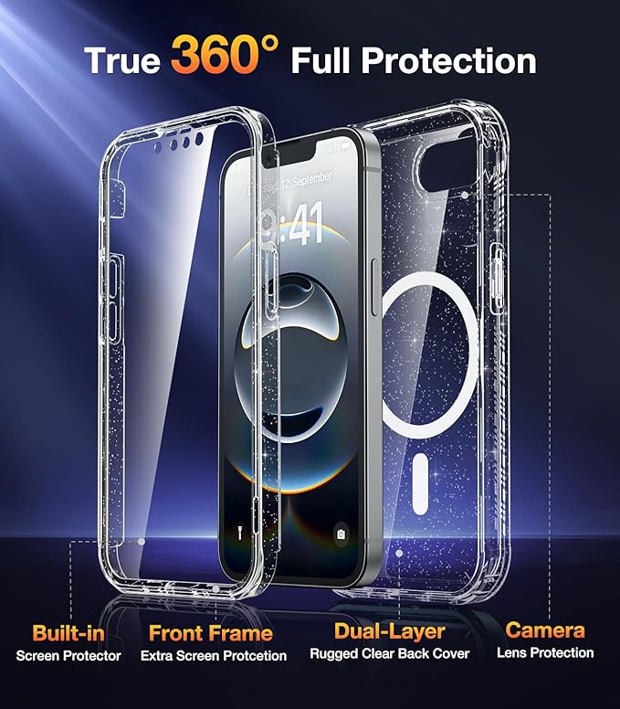 Diaclara Magnetic Designed for iPhone 16e Case, Full Body Rugged Case with Built-in Touch Sensitive Anti-Scratch Screen Protector, Soft TPU Bumper Waterproof Case (Clear Glitter)