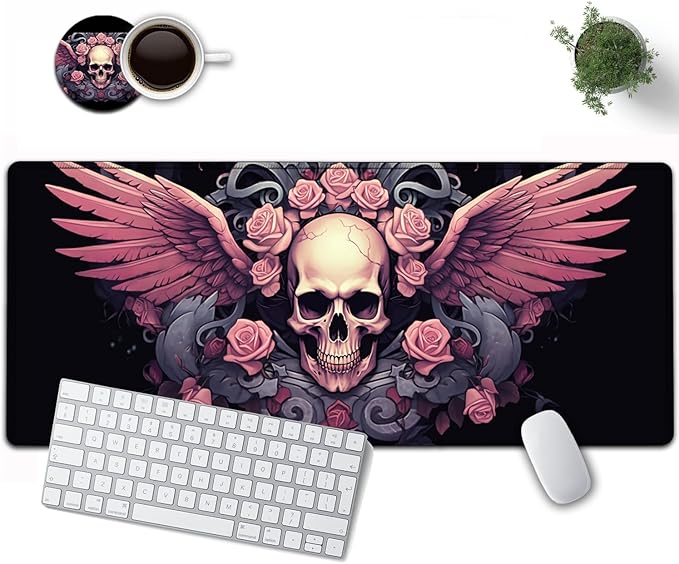 Large Mouse Pad, 31.5 x 11.8in Extended Gaming Mouse Pad with Stitched Edges, XXL Mousepad Protector Non Slip Rubber Base for Office Home Writing Mat, Wings, Pink Roses & Skulls Pattern Black Desk Mat