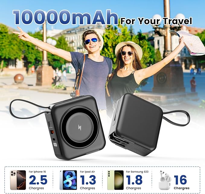 for Magsafe Portable Charger with AC Wall Plug, 6-in-1 Magnetic Wireless Power Bank 10000mAh Built-in Cables, 22.5W Type-C in&Out Fast Charging Battery Pack for iPhone17/16/15/14/13/12 Series, Black