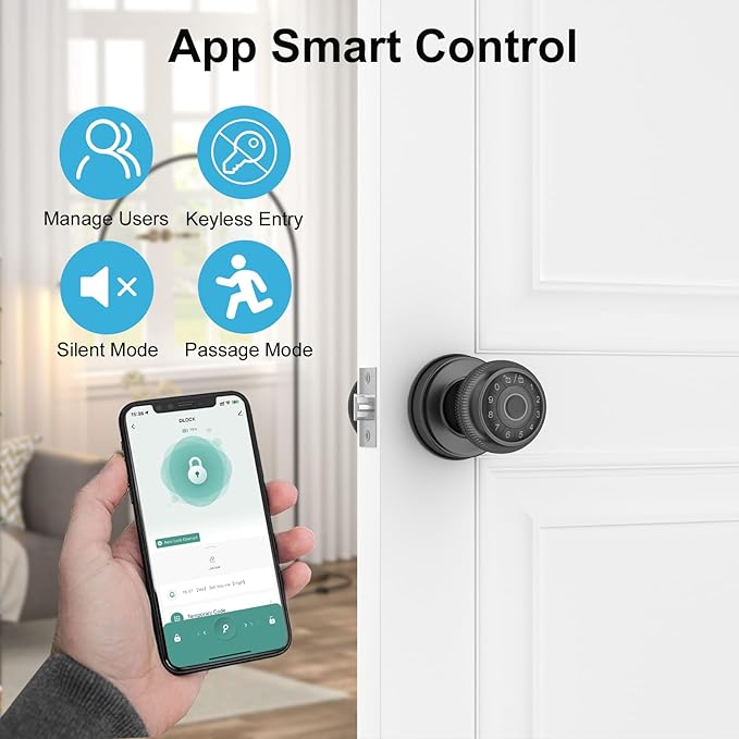 BIWIBON 4-in-1 Smart Door Knob, Fingerprint Door Knob with App Control, Smart Fingerprint Door Lock with Keypad, Real Privacy Mode, Auto Lock, Ideal for Home, Bedroom, Garages &Office, Black,1 Pack