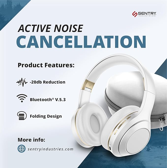 SENTRY OSH Over Ear Bluetooth Wireless Headphones, Active Noise Canceling -20dB Reduction, 22 Hour Battery Life, Control Buttons, Built in Microphone, USB C Charging and Carrying Case Included (White)