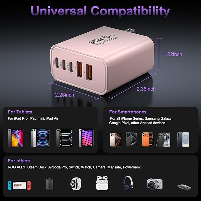 USB C Fast Wall Charger Block, 2Pack 60W USBC Charging Cubes, 5-Port PD+QC Power Adapter Multiport Brick Type C Box Plug for Phone 16/15/14/13/12/11/Pro Max/Plus, Pad Mini/Pro/S25/S24-Pink