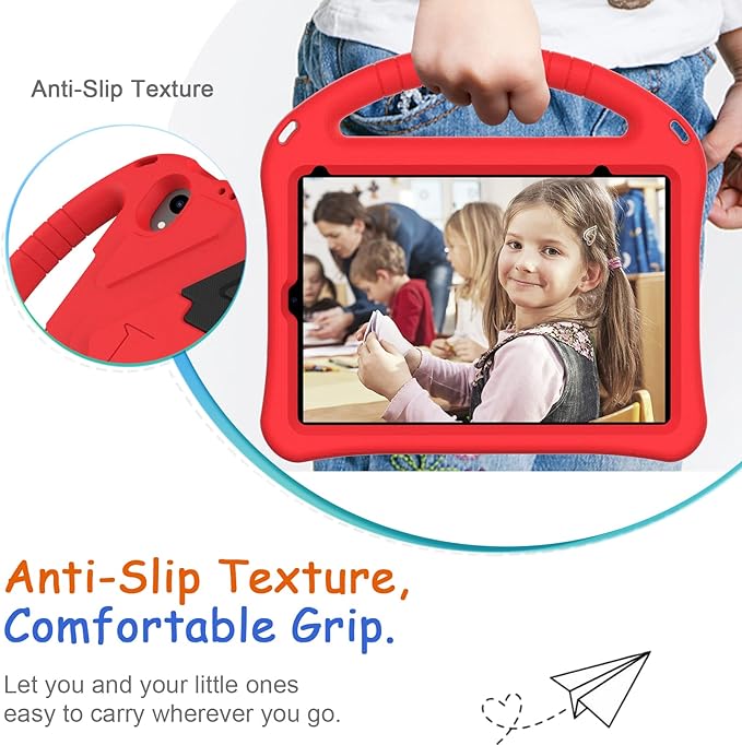 Light Weight Shock Proof EVA Foam Rugged Handle Stand Kids Friendly Anti-Slip Grip Protective Case for iPad Mini 7 (2024) & 6th Generation, Red