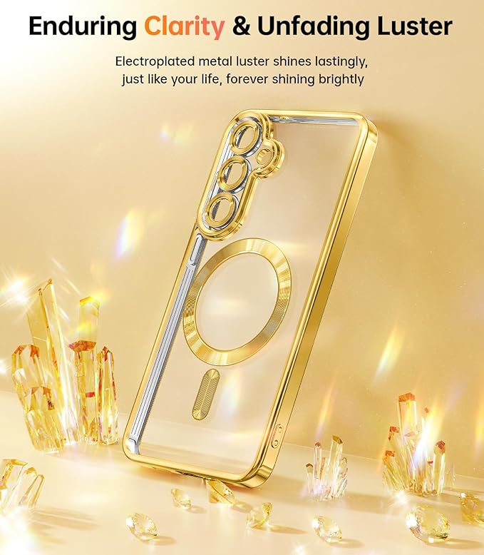 Meifigno Case Designed for Samsung Galaxy S25 6.2 inch, [Compatible with MagSafe] [2X HD Screen Protectors] [Glitter Card & Wrist Strap] Surround Lens Protection Case for Samsung Galaxy S25, Gold