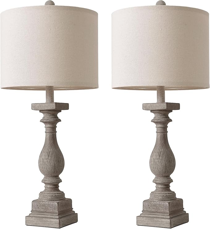 BOBOMOMO 27" Farmhouse Table Lamps with USB-A +C Ports, Vintage Rustic Lamps for Living Room, Linen Shade, Retro Side Table Lamps Set of 2 for Living Room,Bedroom,Night Stands (Blubs not Included)