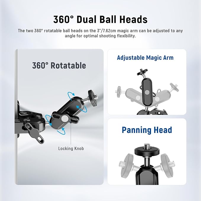 NEEWER Super Clamp with 3" Dual Ballhead Magic Arm, Camera Phone Clamp Mount with 1/4" 3/8" Threads, Cold Shoe, Phone Holder, Action Camera Adapter Compatible with GoPro DJI iPhone 16 15 Pro Max, ST88