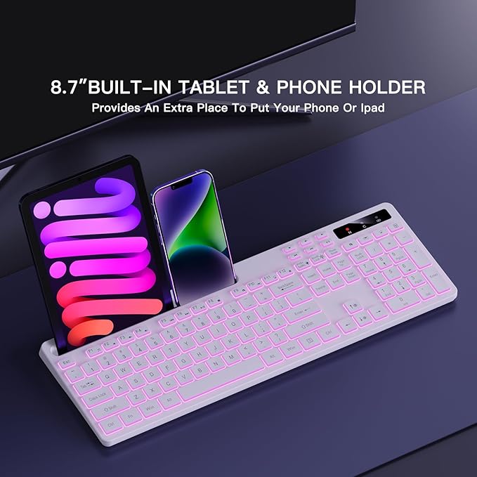 Soueto Wireless Keyboard with 7-Color RGB Backlit, Full-Size Computer Keyboard with Phone Tablet Holder, 2.4G Rechargeable Gaming Keyboard with Light Up Keys, Compatible with Mac, Windows (White)