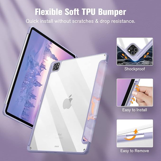 Fintie Hybrid Slim Case for iPad Pro 12.9-inch 6th Generation 2022, [Built-in Pencil Holder] Shockproof Cover w/Clear Transparent Back Shell, Also Fit iPad Pro 12.9" 5th/4th/3rd Gen, Lilac Marble