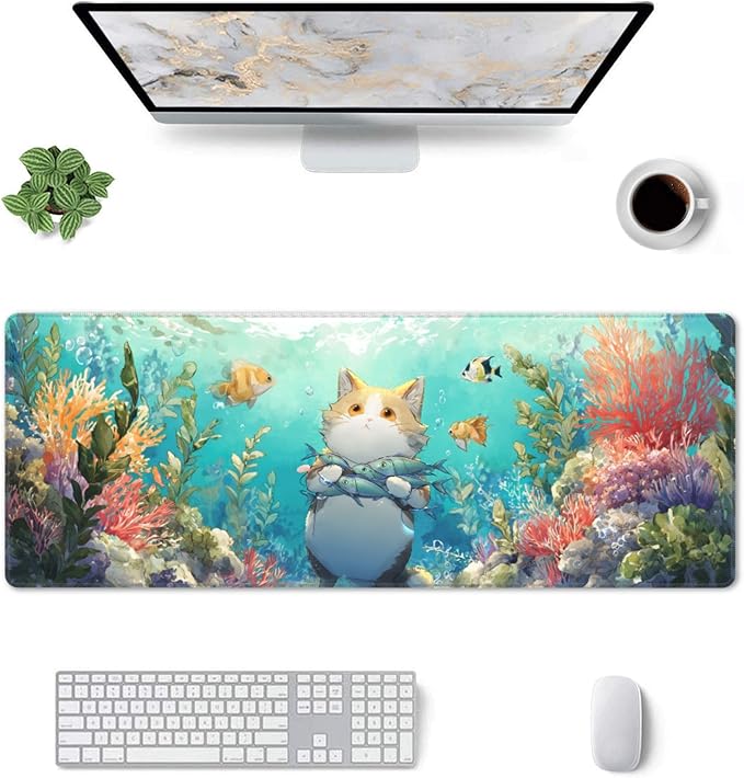 Cat Fish Mouse Pad Extended Large Gaming Mouse Pad XL Stitched Edges for Gamer Home Office 31.5 X 11.8 Inch