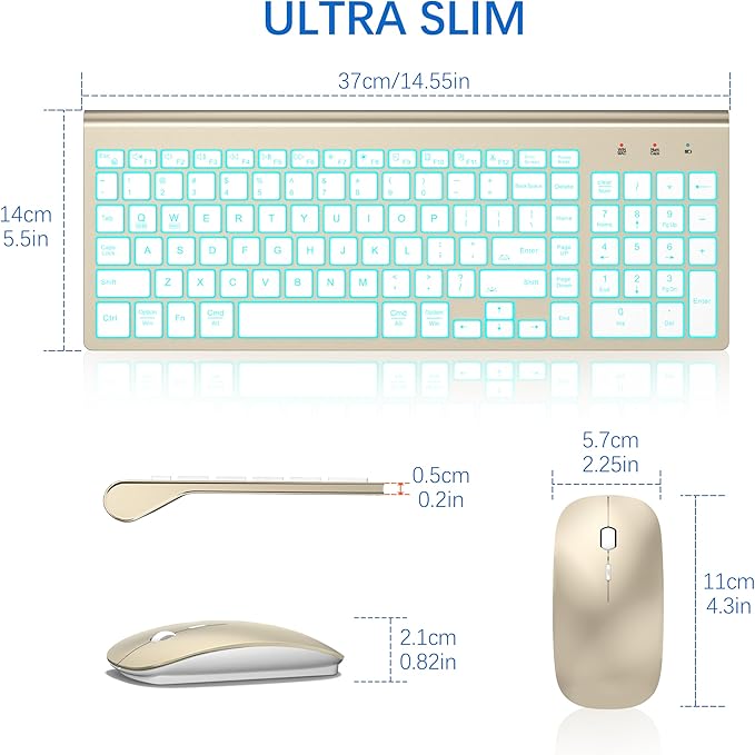 TopMate Wireless Keyboard and Mouse Ultra Slim Combo, 2.4G Silent Compact USB 2400DPI Mouse and Scissor Switch Backlit Keyboard Set, for PC/Laptop/Windows/Mac/Gaming - Gold White