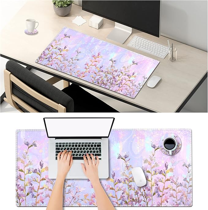 ARTSO Large Gaming Mouse Pad with Stitched Edges, XXL Extended Keyboard Mat Long Mousepad Desk Decor Writing Pad 35.1x15.7 in, Non-Slip Base for Work, Game, Office, Home, Pink Purple Plant