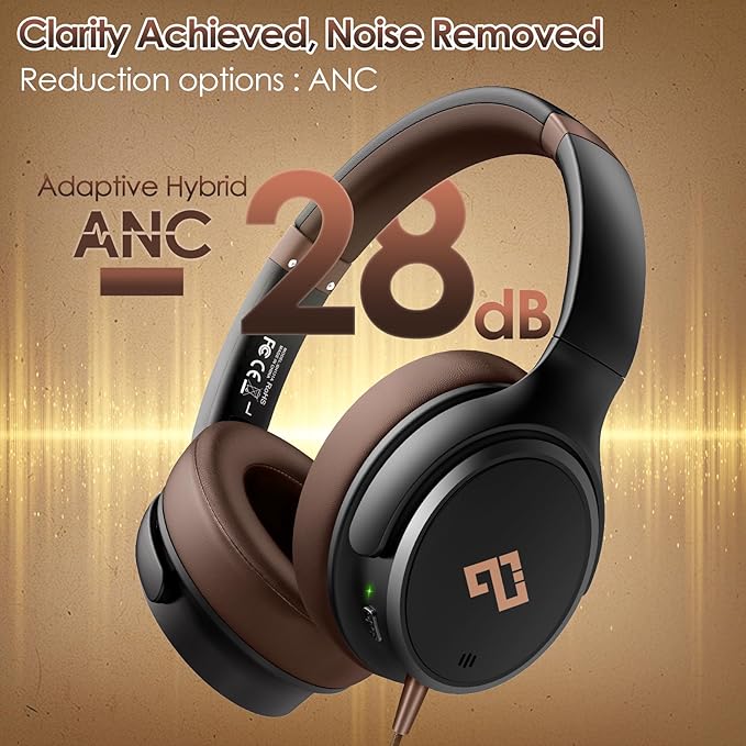 USB C Headphones Wired Headphones Over Ear with HD Mic, Foldable Active Noise-Canceling Headphone for iPad/Sports/School/Travel/iPhone 17/16/15, Samsung S25/S24, Google Pixel 9,Ideal Gifts-Brown