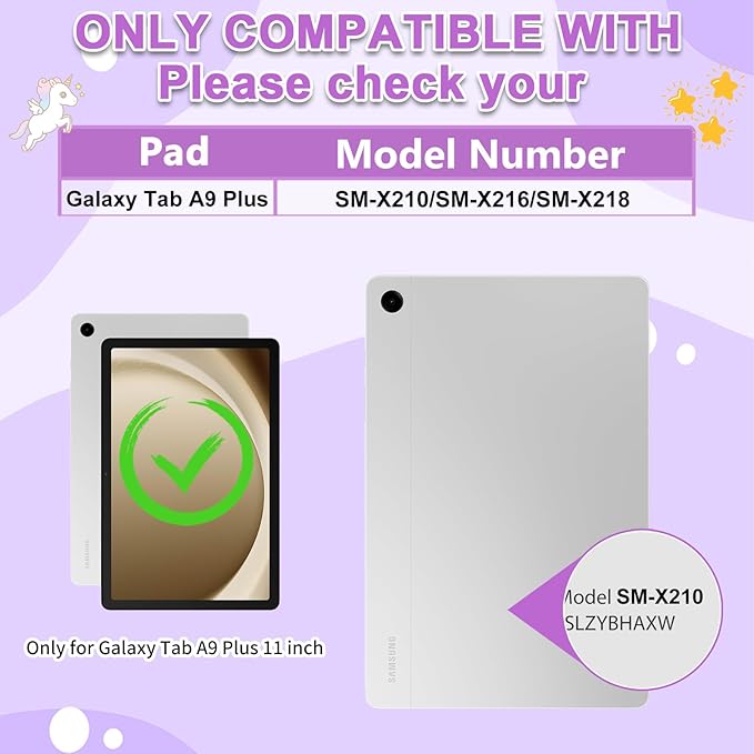 HianDier for Samsung Galaxy Tab A9 Plus Case Kids Girls Cute Unicorn for Galaxy A9+ Plus Tablet Case with Rainbow Handle and Detachable Lanyard Rotatable Kickstand Shockproof Protective Case-Purple