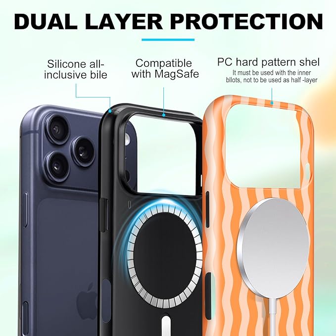 Magnetic for iPhone 17 Pro Max Case Cute Wavy Stripes Phone Case, Shockproof Slim TPU and Hard PC Protective Phone Cover Compatible with MagSafe Designed for Women Girls, Orange