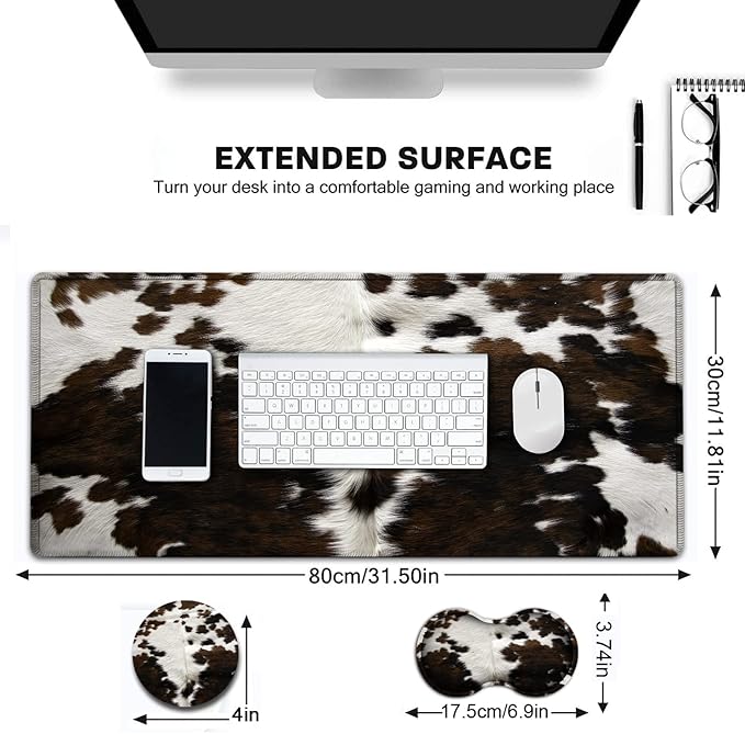 Large Gaming Mouse Pad, 31.5x11.8 in Extended Computer Mouse Mat with Non-Slip PU Base, Ergonomic Memory Foam Keyboard Wrist Rest, for Work & Gaming, Brown and White Cow Hair Office Desk Pad