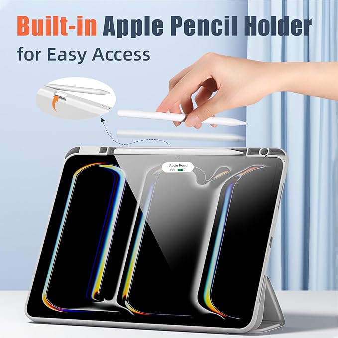 New Compatible with iPad Pro 13 inch Case M5 2025/M4 2024 with Built-in Pencil Holder, Kidopire for iPad Pro 13 Case with Hard Clear Back Shell, Support Pencil Pro, Auto Wake/Sleep, Light Gray