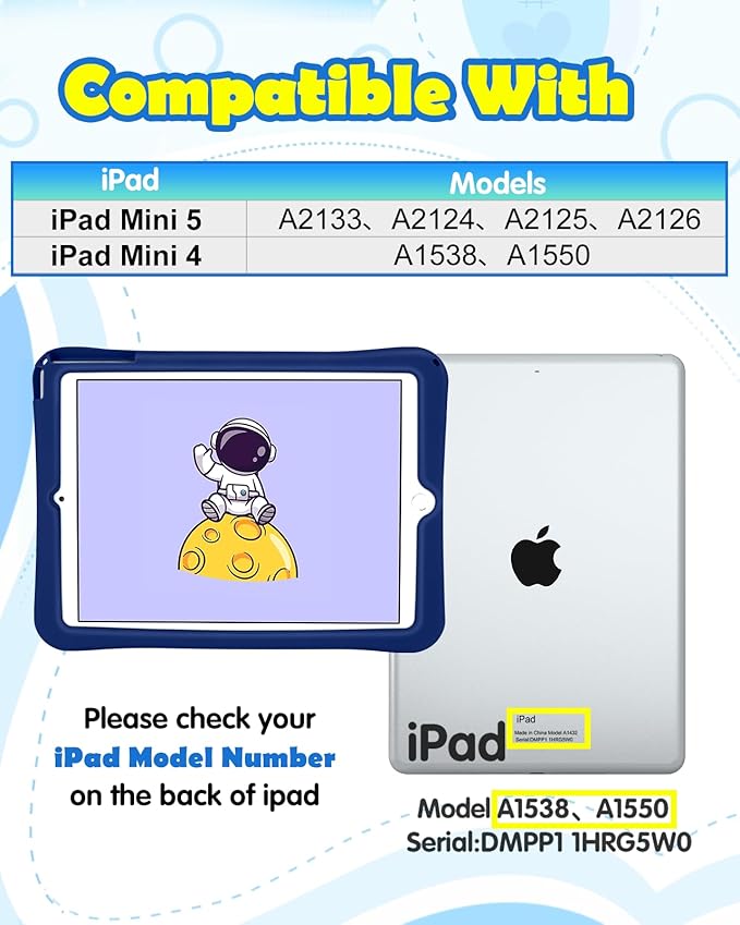 Wazzasoft for iPad mini 4/5 Case 7.9 Inch Girls Boys Cute Astronaut Cover Kawaii 3D Cartoon Spacemen with Rotating Handle Stand + Strap Soft Silicone Funda for Apple iPad mini 5th/4th Gen Cases