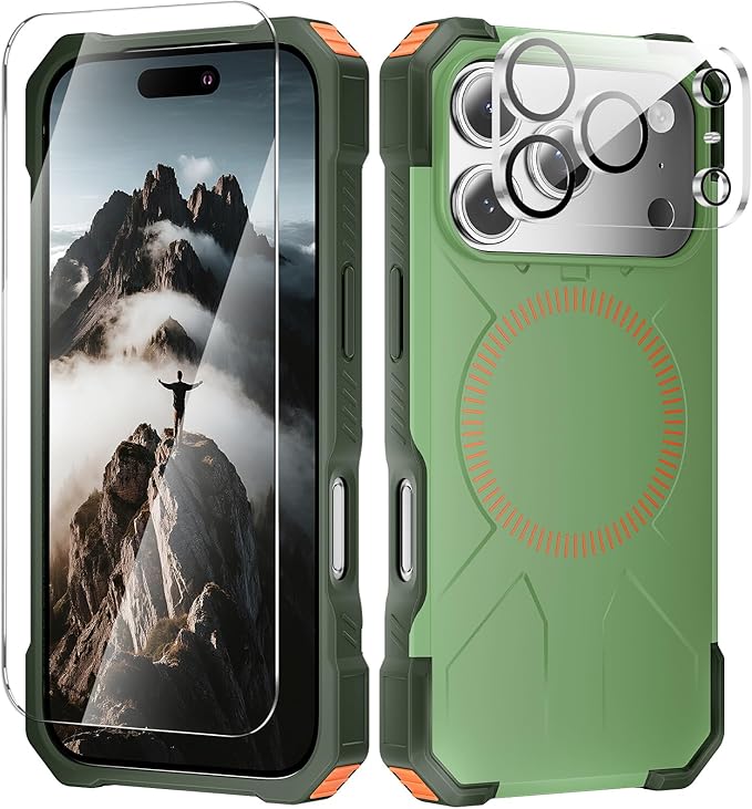 3 in 1 for iPhone 17 Pro Max Case,[1 Screen Protector & 1 Camera Lens Protector ],7X Military-Grade Drop Protection ,Fits MagSafe ,Tough, Rugged & Durable for Heavy Duty iPhone 17 Pro Max Case, Green