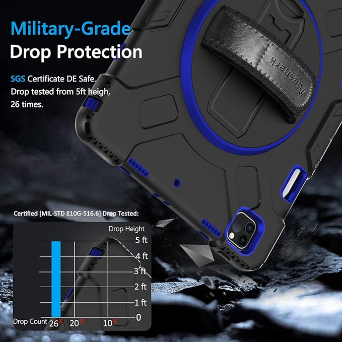 Miesherk Case for iPad Pro 12.9 Inch 6th/5th/4th Generation, Military Grade Heavy Duty Shockproof iPad Pro 12.9 Case - Rotating Stand, Pencil Holder, Hand/Shoulder Strap, Blue+Black