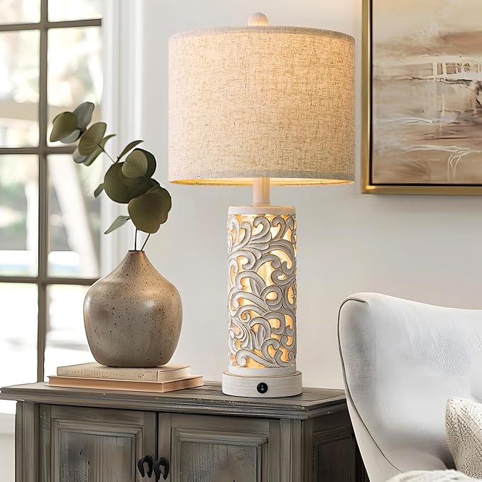 OYEARS 22'' Table Lamp Set of 2 for Living Room,Farmhouse Lamp for for Bedroom,Vintage Retro Bedside Lamps with USB Ports Linen Shade for Home Office (Wash White, Bulb Included)