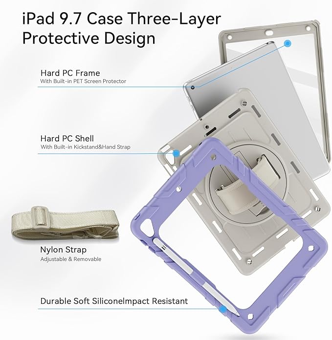 Case for iPad 6th/5th Generation 9.7'' with Screen Protector Pencil Holder [360 Rotating Hand Strap] &Stand, Drop-Proof Case for iPad 6th/5th/ Air 2/ Pro 9.7 (Purple&Beige)