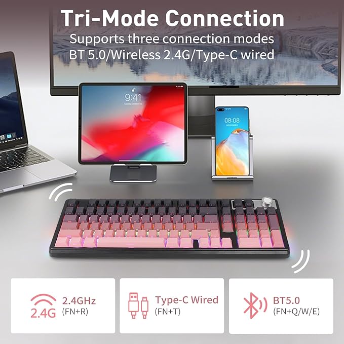 HUO JI Wireless Mechanical Gaming Keyboard with Knob, Bluetooth 5.0/2.4GHz/USB-C Wired, Hot Swappable Red Switches, Anti-Ghosting, Led Backlit, 96% Computer Keyboard for PC Gamer, Pink