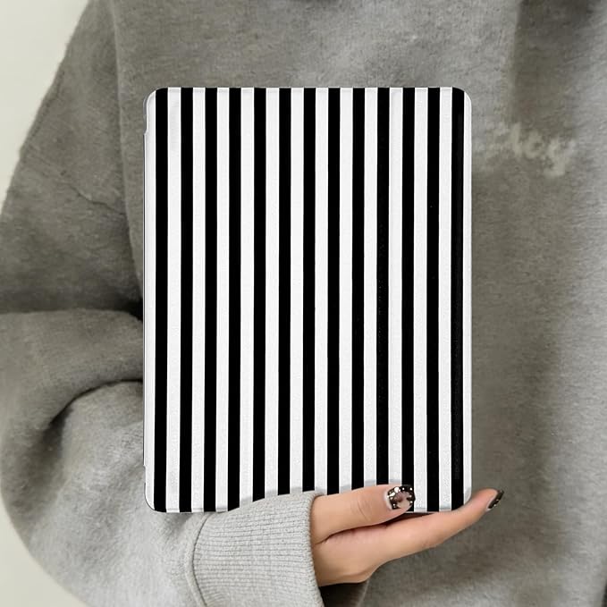 Lovmooful Compatible for iPad 9/8/7 (10.2-Inch,2021/2020/2019 Model,9th/8th/7th Generation) Case with Pencil Holder Cute Striped with Aesthetic Design Soft TPU Trifold Stand Protective-Black&White