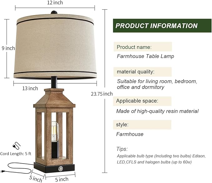 G-SAFAVA 23.75" Farmhouse Table Lamps USB A+C Charging Ports 3-Way Dimmable Touch Control Lamp Nightlight Vintage Modern Lamp for Living Room Bedroom with 2 Light Sources