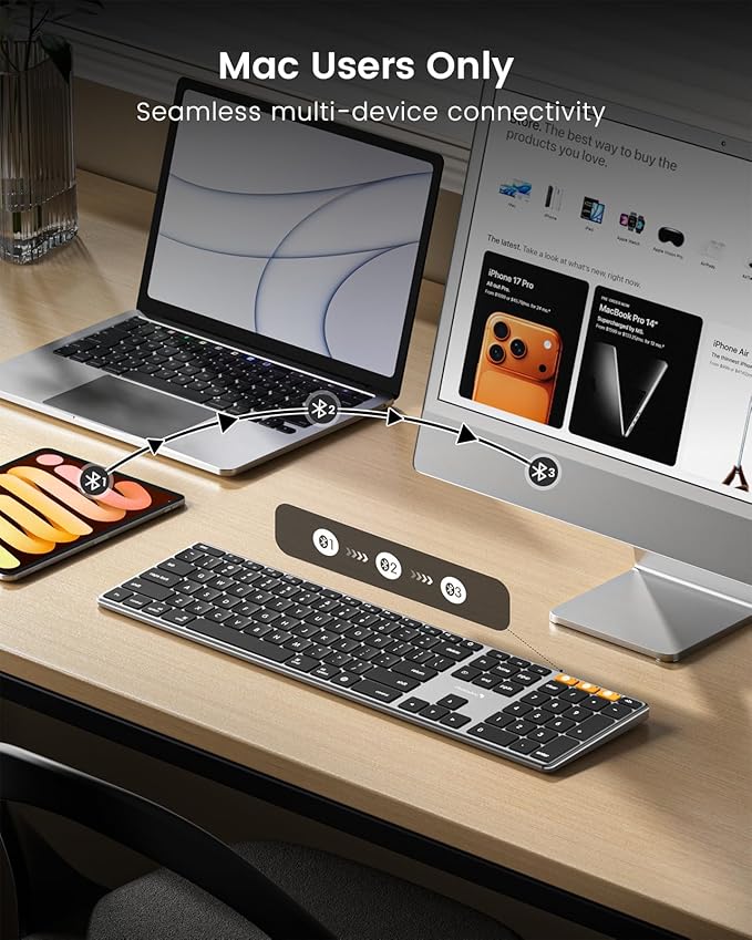 ProtoArc Backlit Wireless Keyboard for Mac, K110-A Aluminum Full Size Ultra Slim Bluetooth Keyboard for iPad, Multi-Device, Low Profile, Rechargeable, for MacBook Pro/Air, iMac, Mac mini, Space Gray