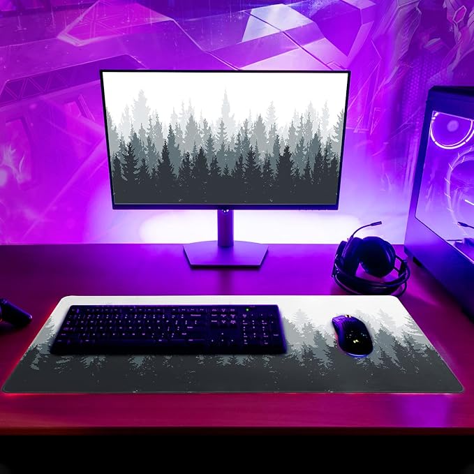 Desk Mat,Large Mouse Pad 31.5x11.8 Inch XL Extended Gaming Mouse Pad Mat with Non-Slip Base Stitched Edges Mousepad for Computer,Office,Keyboard and Laptop - Fog Misty Forest
