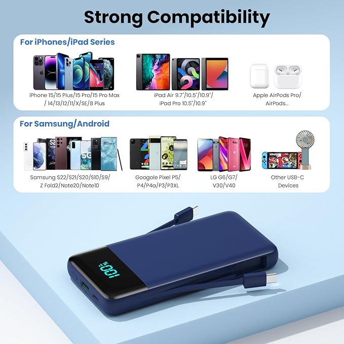 Portable Charger for iPhone,13800mAh Slim Power Bank with Built-in Cables & AC Wall Plug,All in One 4 Outputs USB C Fast Charging Battery Pack Travel Essential for iPhone 17/16/15/14,Android (Blue)
