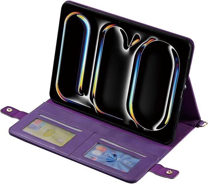Handbag Case for iPad Pro 11-inch M5 M4 (2025/2024), Techcircle Folio Stand PU Leather Hand Strap Protective Cover, Crossbody Case w/Pencil Holder Card Slots Wallet Case, Purple