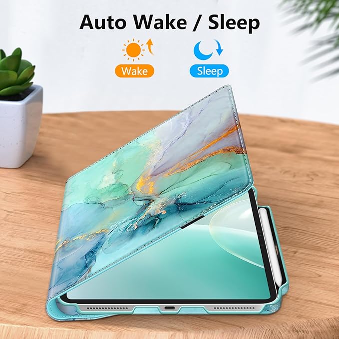 Fintie Rotating Case for iPad Pro 13-inch (M5) 2025 / (M4) 2024 with Pencil Holder - 360 Degree Swiveling Protective Stand Cover with Auto Wake/Sleep, Emerald Marble
