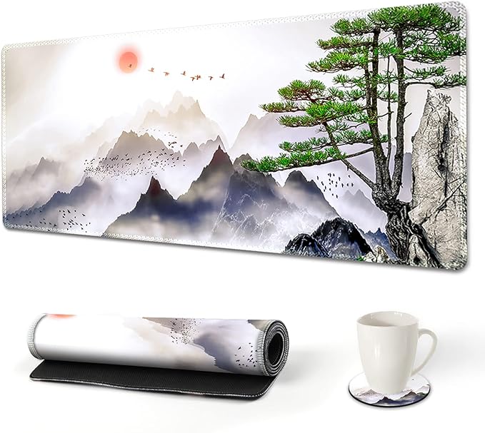 AIMSA Extended Gaming Mouse Pad, XL Large Keyboard Mouse Mat Desk Pad with Stitched Edges, Durable Non-Slip Base Landscape Mousepad for Home Office, 35x15.7inch, Pine Tree Mountains