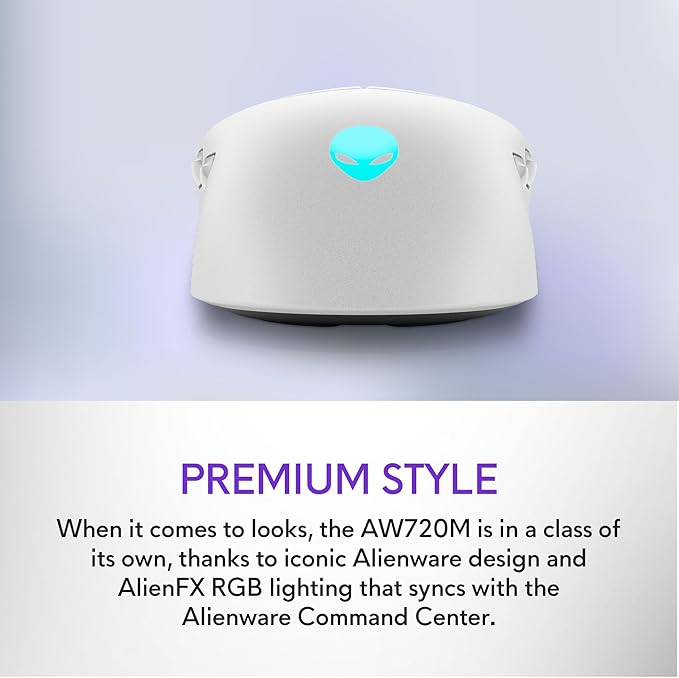 Alienware AW720M Tri-Mode Wireless Gaming Mouse - 2.4GHz Wireless, Bluetooth 5.1, 26,000 DPI, 8-Fully Programmable Buttons, Magnetic Snap Charging Adapter USB-A to USB-C Cable - Lunar Light