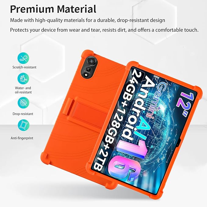 for Nexall N90 Tablet Case 12Inch, Shockproof Four Corner Airbag Protection,Soft Silicone Edge Cover with Built-in Stand,Heavy Duty Protective Sleeve for Nexall N90,Orange