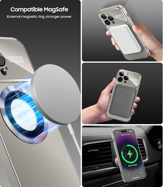 MAKAVO Magnetic for iPhone 13 Pro Max Case, Compatible with MagSafe, Built-in Camera Lens Protector, Logo View, Military Grade Drop Proof Phone Case Cover, Titanium Gray