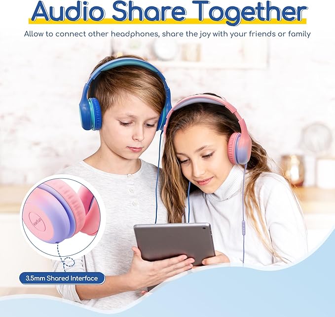EarFun Kids Headphones Wired with Microphone, USB Type C Headphones for Kids, 85/94dB Volume Limit, Portable Wired Headphone with Shareport, Stereo Sound Foldable Headset for School/Tablet/PC, Pink