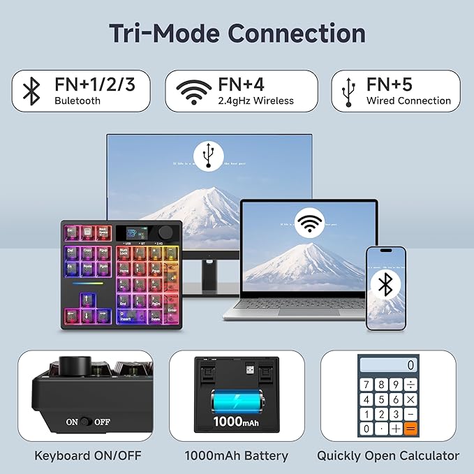 BOYI TD31Pro Gaming Keyboard,Mini Mechanical Numpad,BT5.0/2.4G/Type-C Wireless Numeric Keypad,RGB HotSwap Numpad with Screen&Knob,Gasket Macro Pad Number keypad for Win/Mac(Black Transparent)