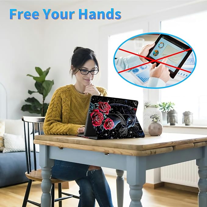 for Amazon Kindle Fire 7 (9th/7th/5th Generation, 2019/2017/2015 Release) 7" Tablet Case, Slim Kickstand Stand Leather Smart Cover with Auto Wake/Sleep, Red Rose Cat Black
