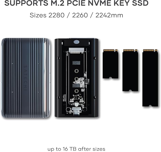 Satechi M.2 Enclosure, USB4 NVMe SSD Pro Enclosure, 40Gbps, up to 16TB, Aluminum Enclosure with Silicone Pin, Polycarbonate Casing, USAP SSD Trim for Sizes 2280/2260/2242/2230mm (SSD Not Included)