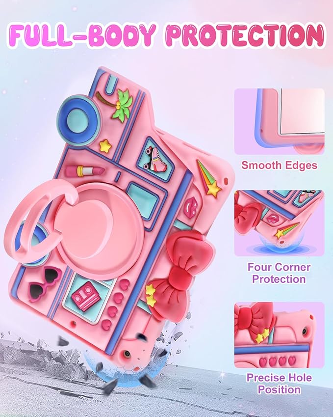 for iPad 9th/8th/7th Generation Case - for Girls Cute Girly Kawaii 3D Cartoon Design with Rotating Stand Handle & Shoulder Strap Silicone Cases for iPad 7/8/9th Gen 2019 2020 2021 10.2 Inch
