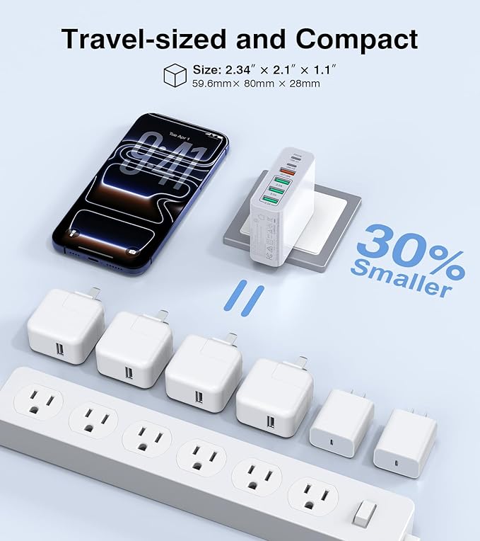 USB C Wall Charger Block,100W GaN 6-Port Fast Charging QC+PD3.0 Dual USB C Power Brick,Portable Multiport Power Adapter Type C Charging Station Hub for iPhone 17/16/15/14/13 Pro Max,iPad,Samsung