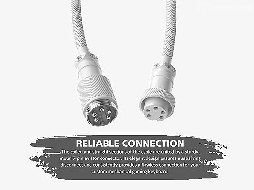 Ranked Coiled Keyboard Cable | Handcrafted Double-Sleeved Braided Cable | USB Type C to A | 5-Pin Aviator Connector for Custom Mechanical Gaming Keyboard | Support Fast Charge 20W (White)