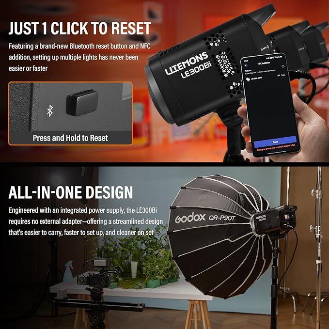 Godox Litemons LE300Bi COB Led Video Light, Godox Bowens Mount 315W Bi-Color Continuous Output Light with DMX/Bluetooth APP Control, NFC Connection, 2800K~6500K, 58900Lux@1m, CRI/TLCI98, 11 Fx Effects