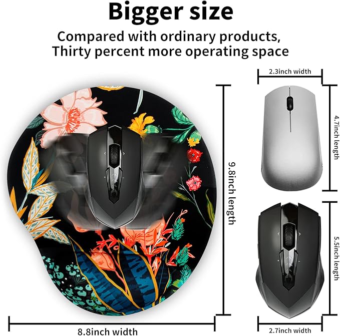 Ergonomic Mouse Pad with Wrist Support Cute Mouse Pads with Wrist Rest,Comfortable Mouse Pad for Home Office Gaming Working Computers Laptop Pain Relief with Non-Slip PU Base (Black Flower)