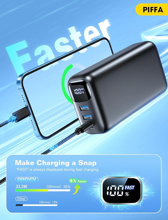 PIFFA Portable Charger Power Bank - 50000mAh Battery Pack, 22.5W Fast Charging Powerbank,Travel Essential for Portable Phone Charger, USB-C Phone Charger for iPhone 17/16/15/14/13 Samsung Google-Dark
