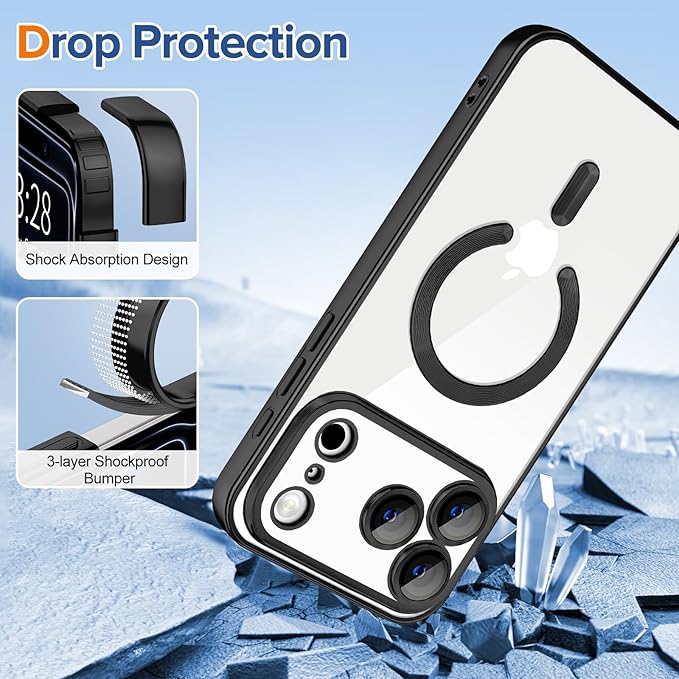 Hython Magnetic Clear for iPhone 17 Pro Case with Camera Lens Protector [Compatible with MagSafe] Luxury Plating Edge Slim Soft TPU Cover Protective Phone Case for iPhone 17 Pro 6.3", Matte Black